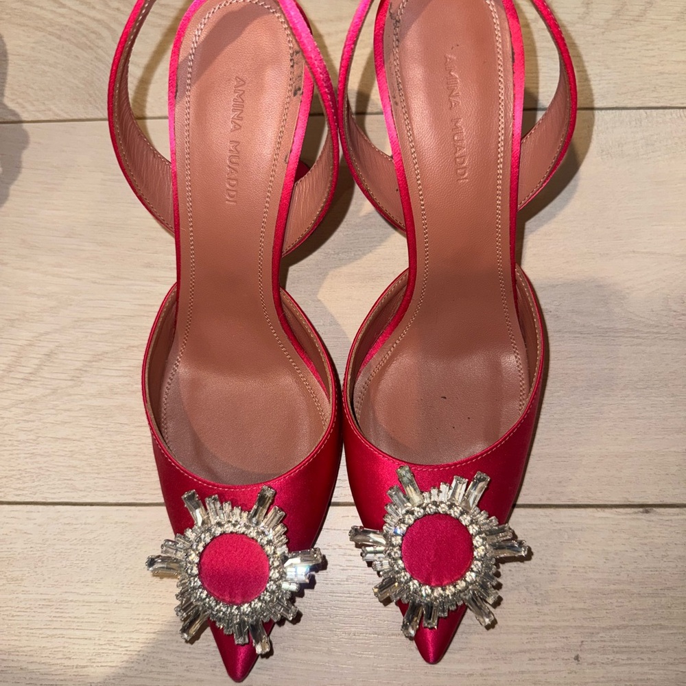 Amina Muaddi Fuchsia Embellished Heels 38.5